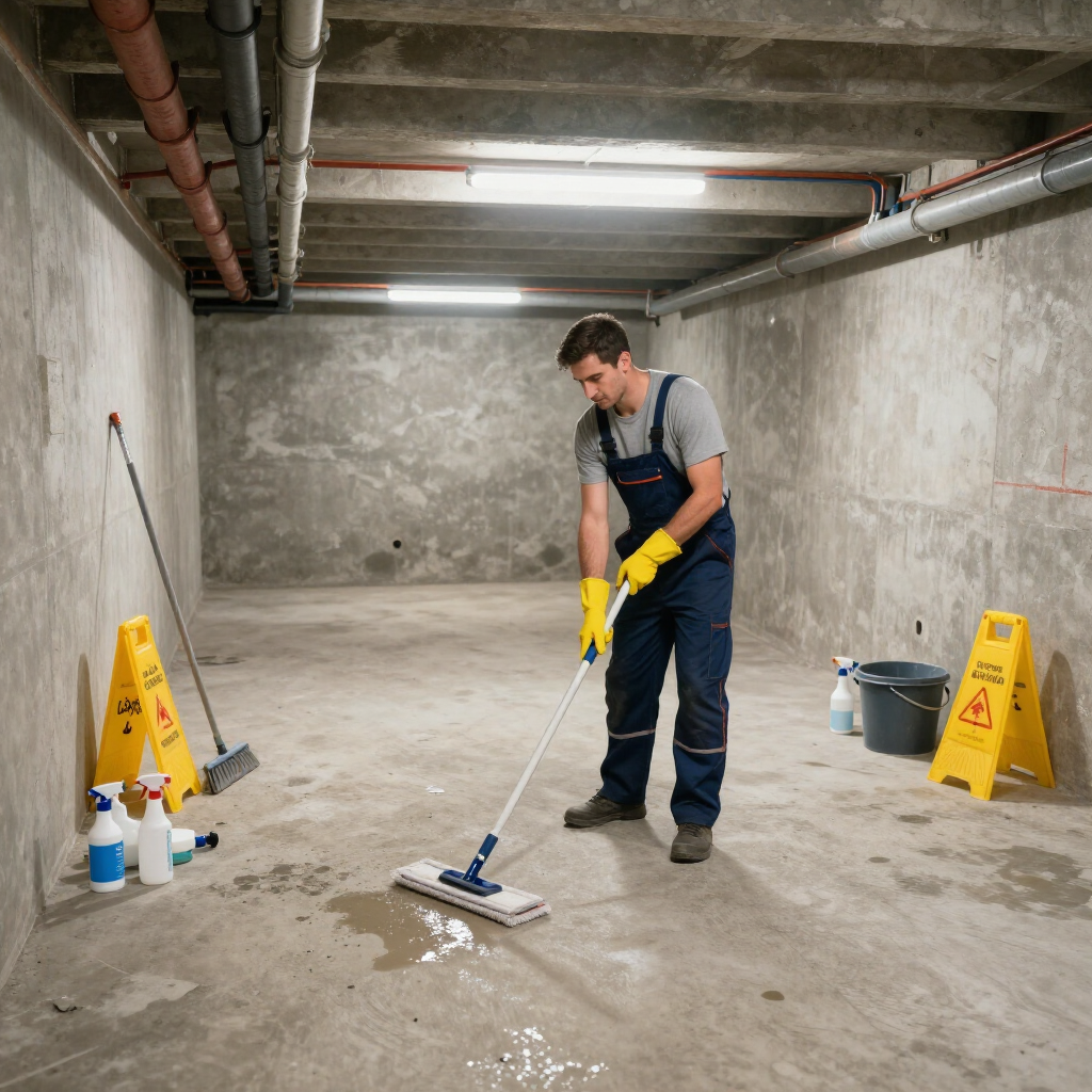 Worker mopping a concrete basement floor with cleaning supplies nearby