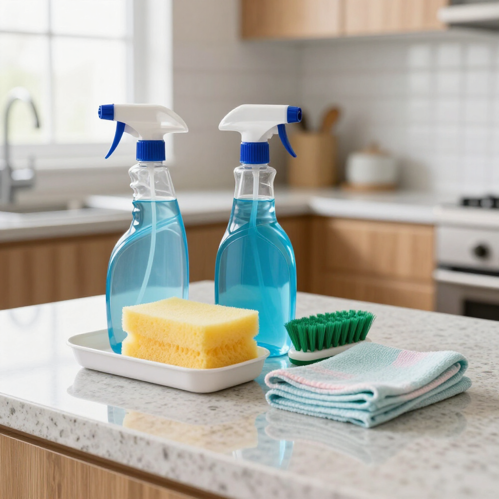 Cleaning supplies on a kitchen counter: two spray bottles, sponge, scrub brush, and folded cloths.