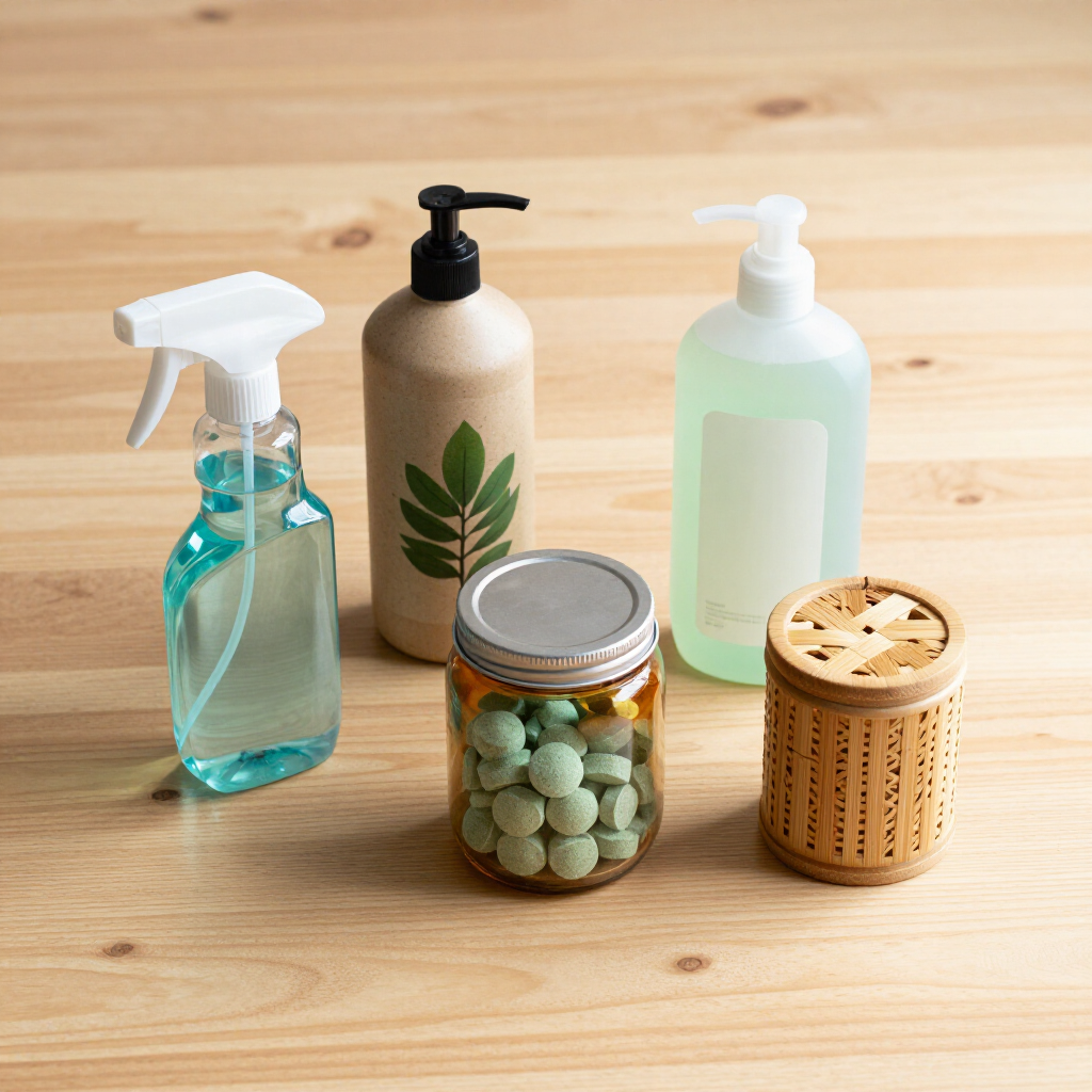 Assorted eco-friendly cleaning and storage containers on a wooden table