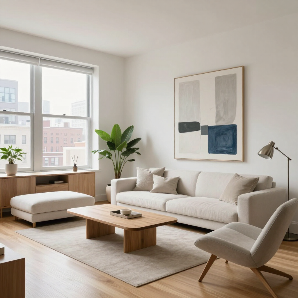 Bright modern living room with cream sofa, wooden coffee table, armchair, plants, and large window.