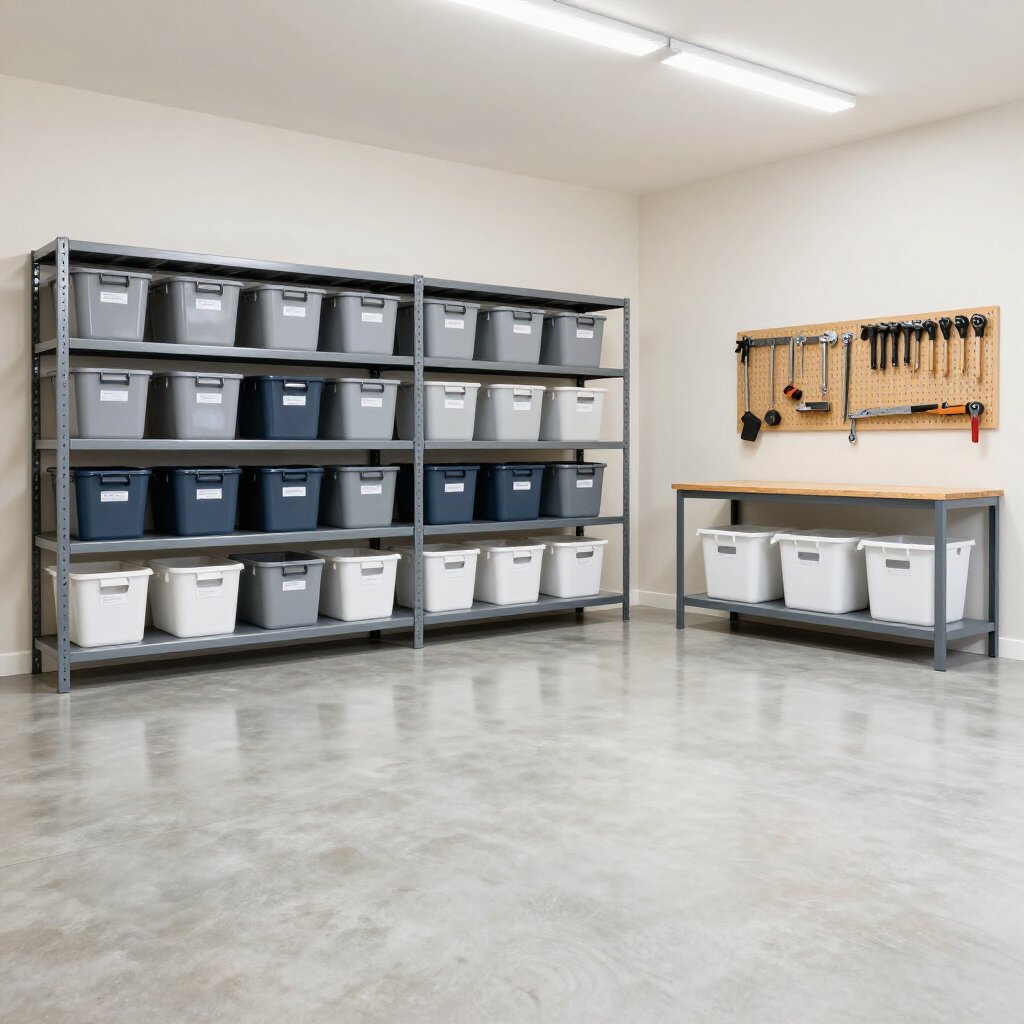 Organized workshop with metal shelves of labeled storage bins and a tool rack on a polished concrete floor