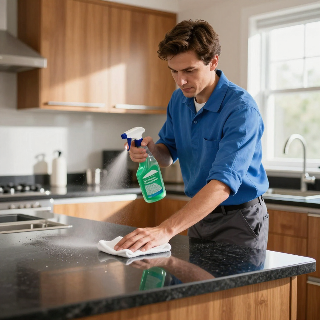 Person cleaning a black kitchen countertop with a spray cleaner and cloth in a bright kitchen