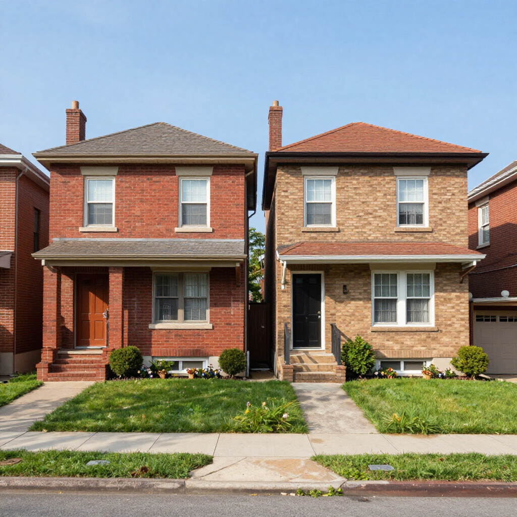 Two brick duplex homes with front lawns and sidewalks on a sunny day