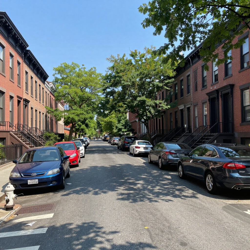 Tree-lined residential street with parked cars and brick row houses on both sides.