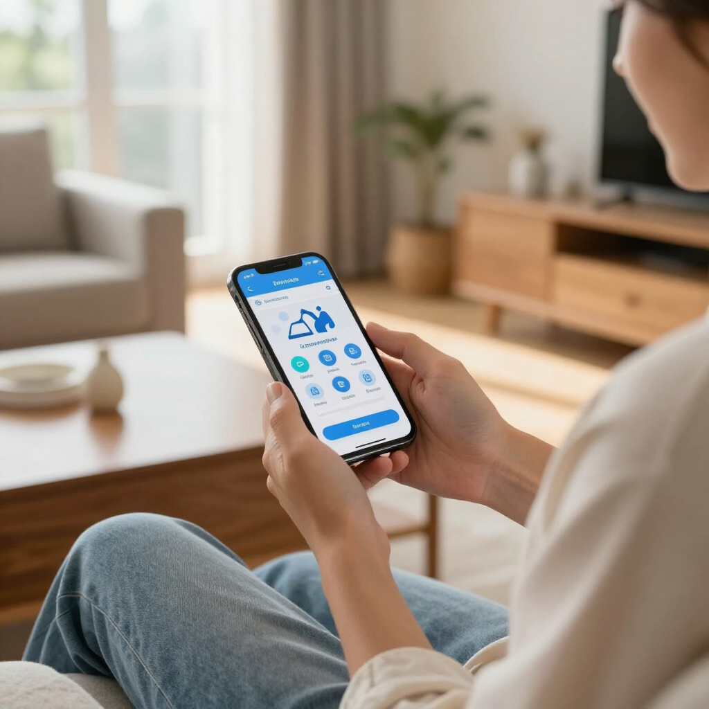 Person holding a smartphone showing a smart home control app in a bright living room