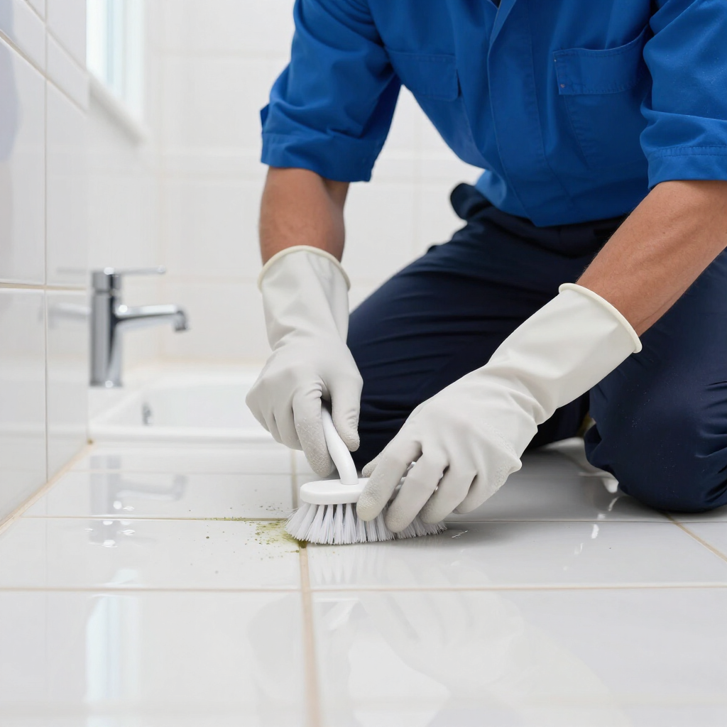 Person in blue uniform and white gloves scrubbing a bathroom tile floor with a brush