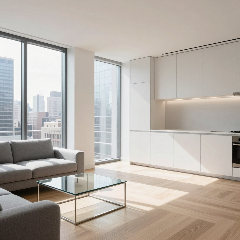 Modern bright apartment with gray sofa, glass coffee table, and city-view windows