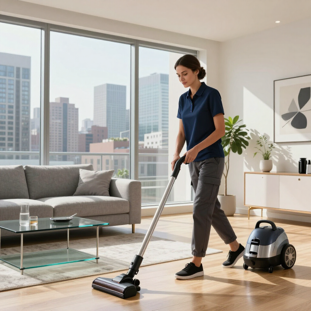 Person vacuuming a bright living room with a canister vacuum near a sofa and city-view windows