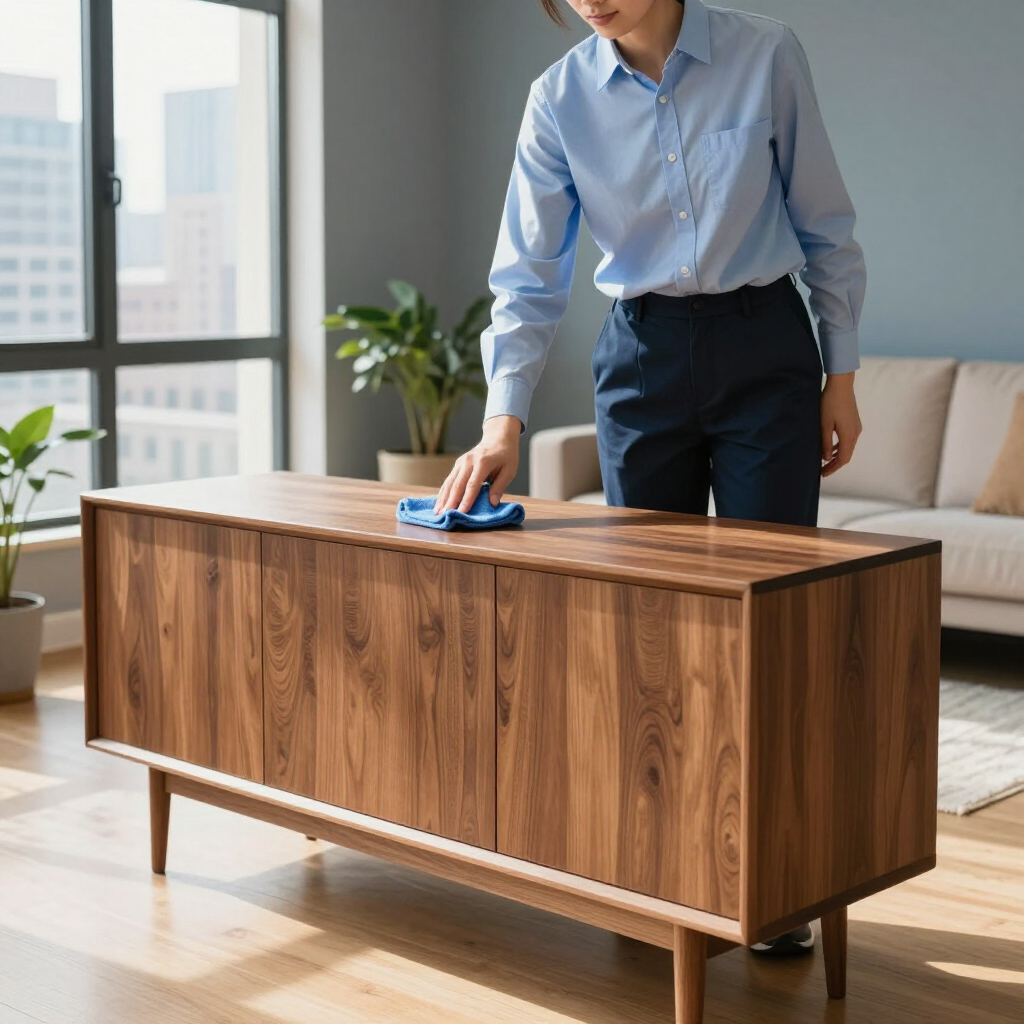 Person wiping a wooden coffee table with a blue cloth in a bright living room