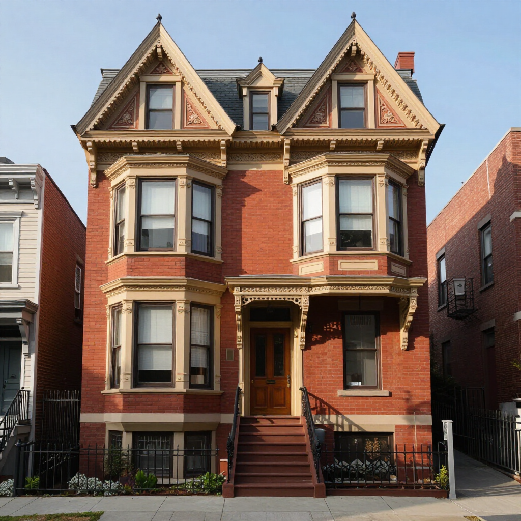 Victorian red-brick townhouse with ornate trim, front steps, and bay windows on a city street