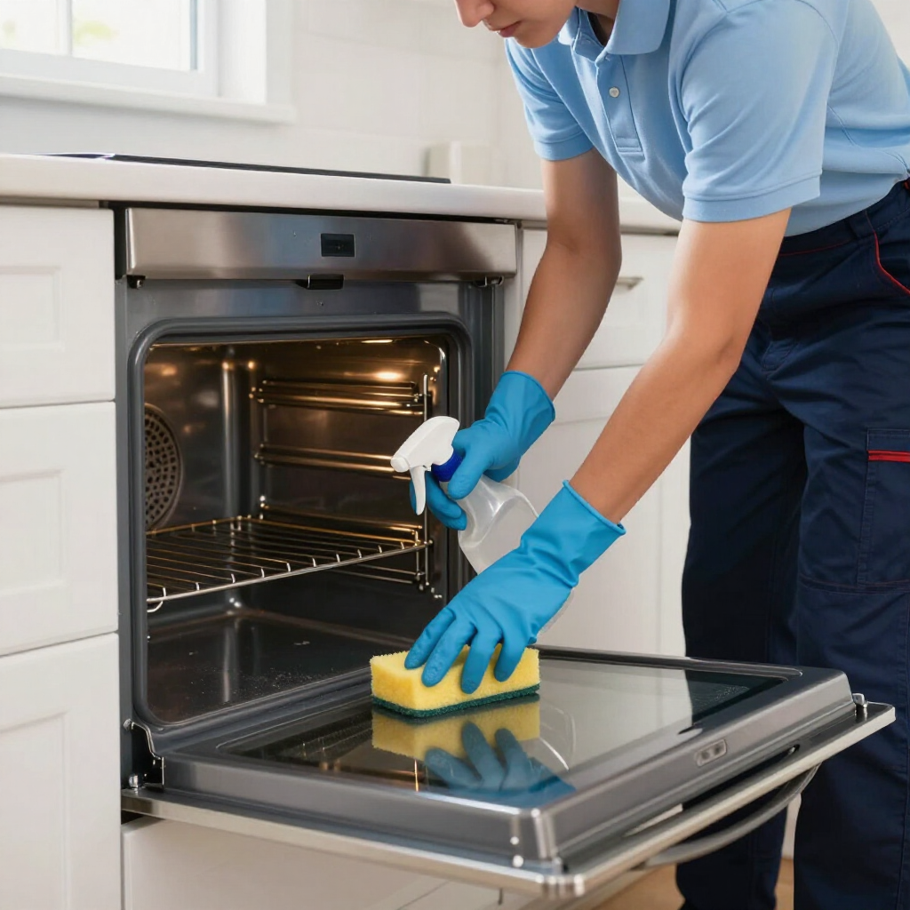 Person in blue gloves cleaning an open oven with a sponge and spray bottle