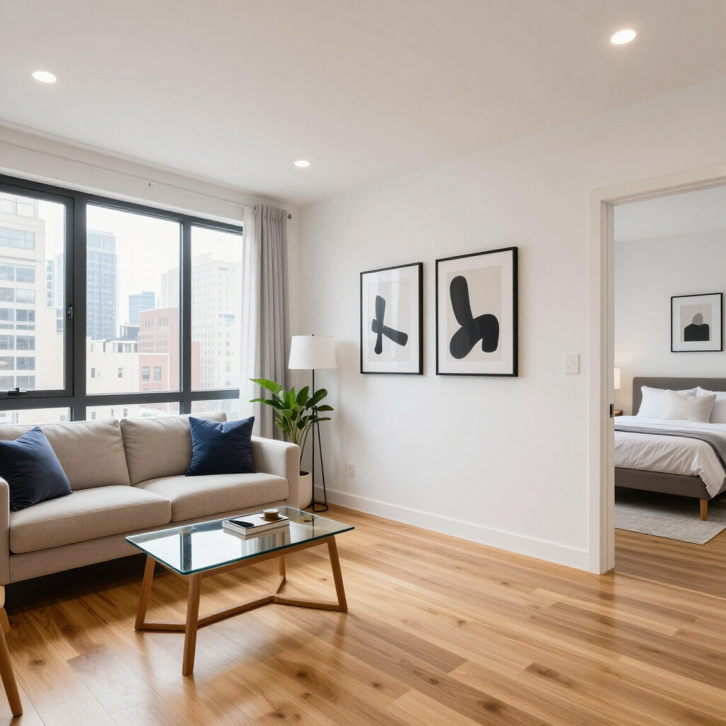 Bright modern living room with beige sofa, glass coffee table, wood floors, and city view windows