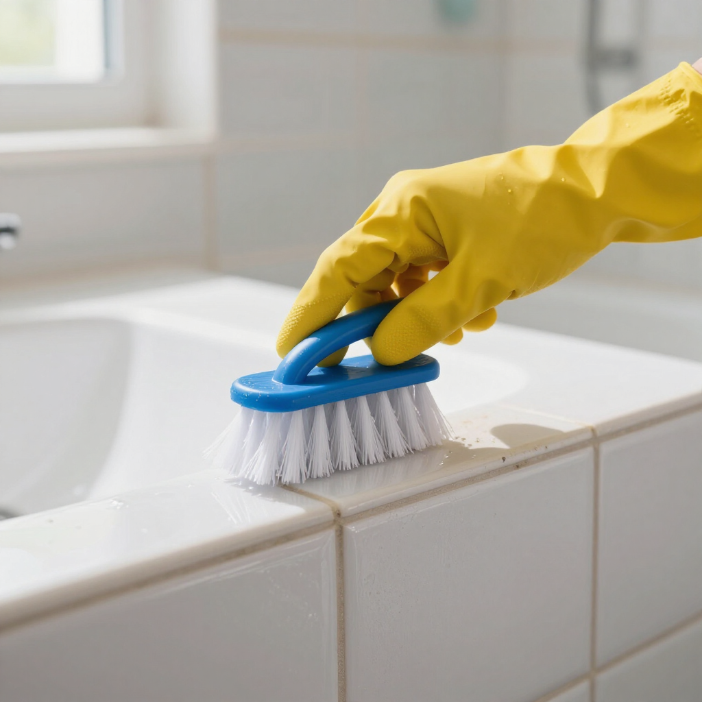 Yellow-gloved hand scrubbing white bathroom tiles with a blue-and-white brush