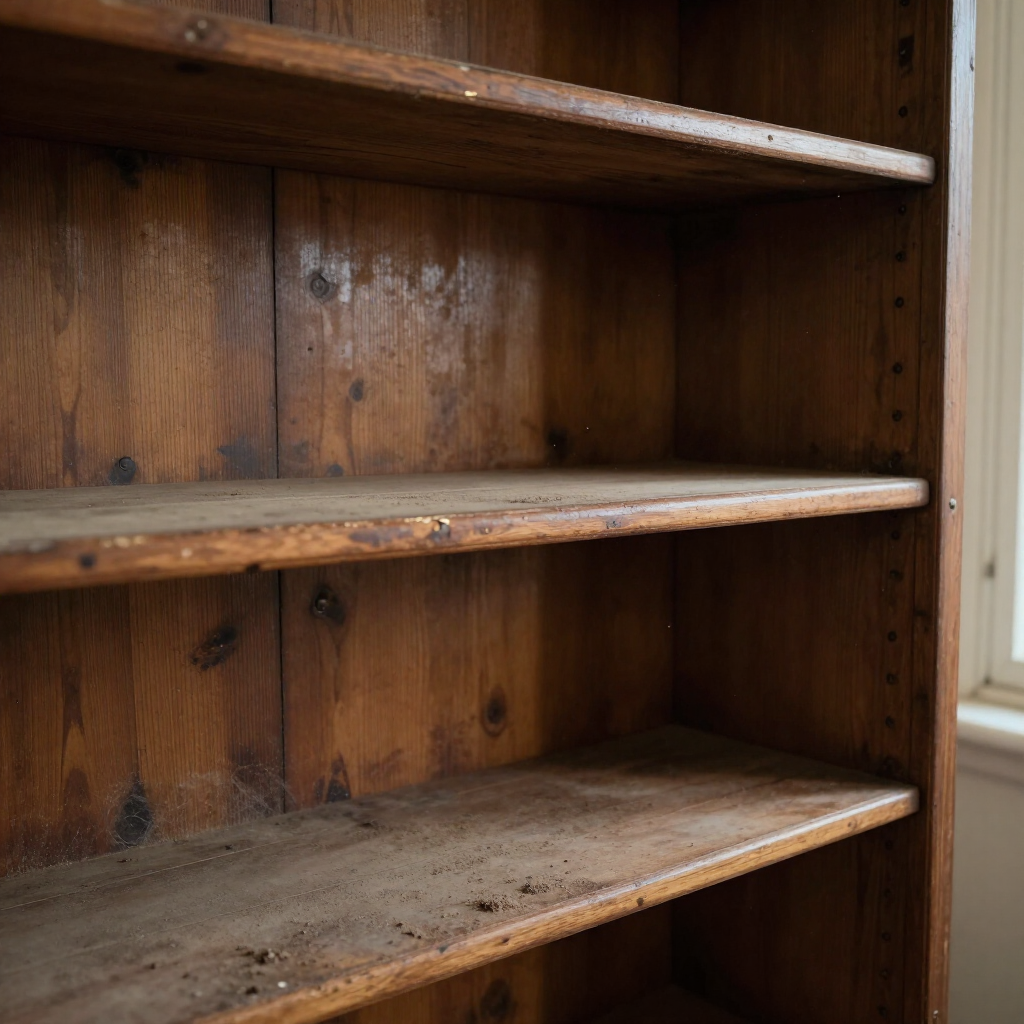 Wooden bookshelf with dusty shelves and a white window frame on the right