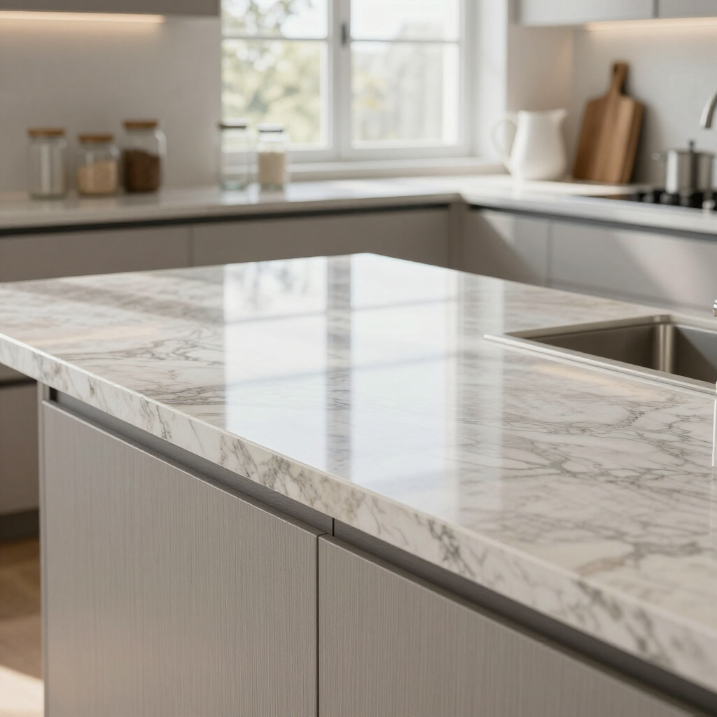 Modern kitchen with white marble island countertop and stainless steel sink under a bright window