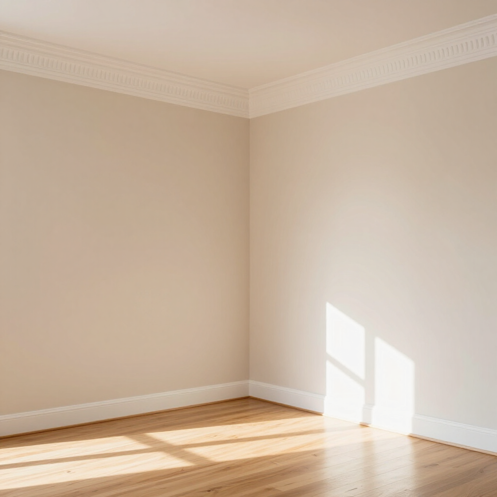 Empty beige room with wood floor and sunlight streaming through a window