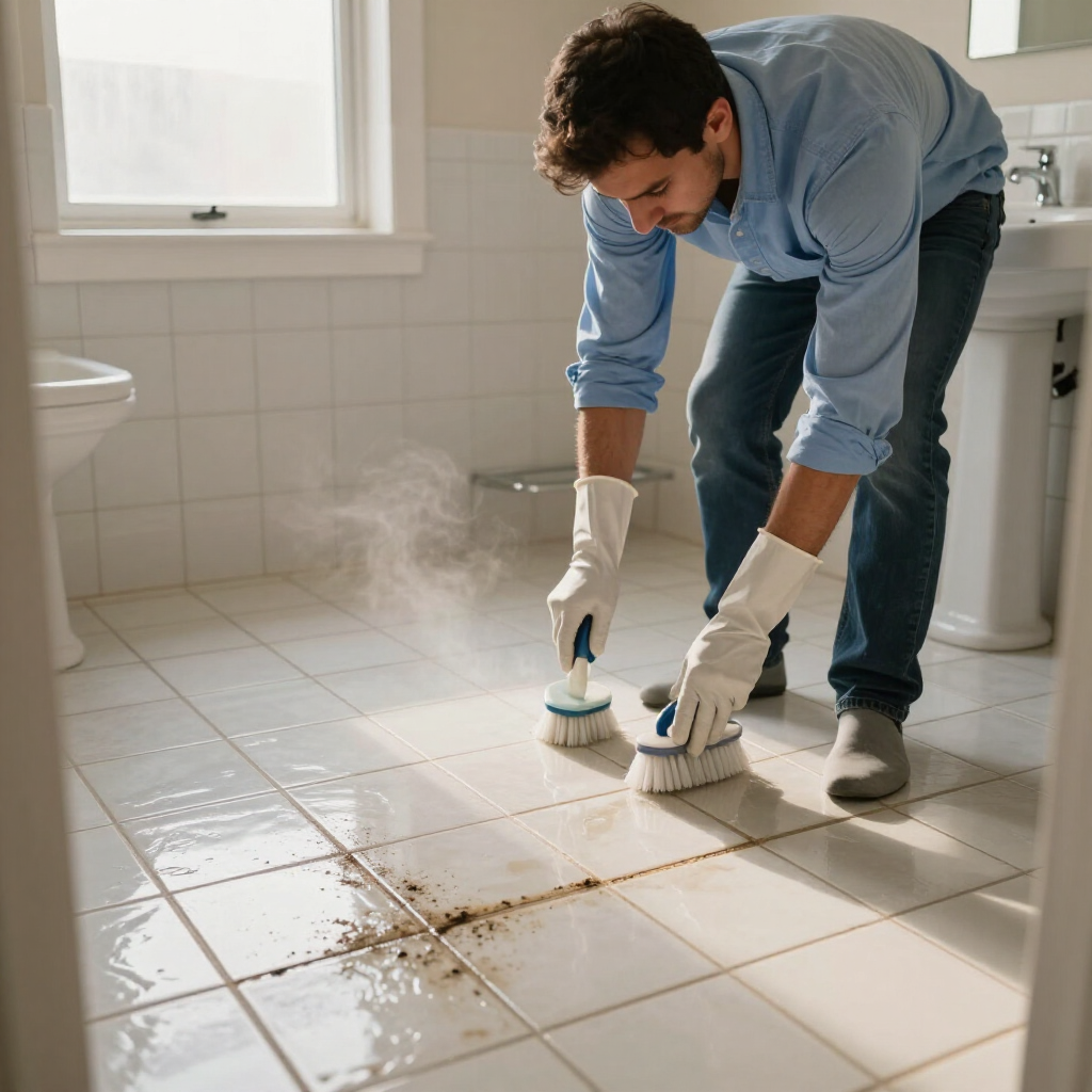 Person cleaning a tiled floor with brushes and steam, removing a dirty stain in a bright kitchen or bathroom