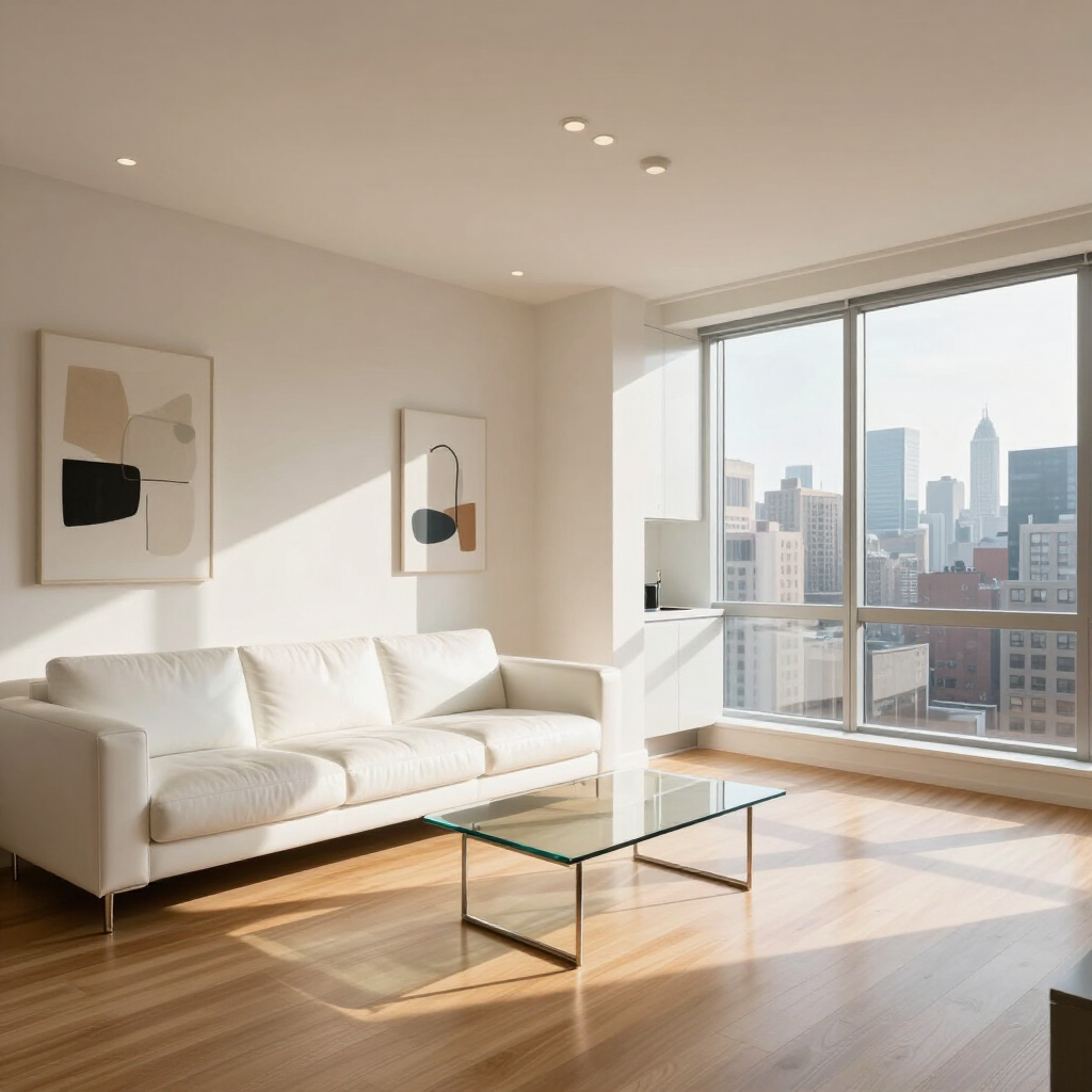 Bright, modern living room with a white sofa, glass coffee table, and large city-view windows.