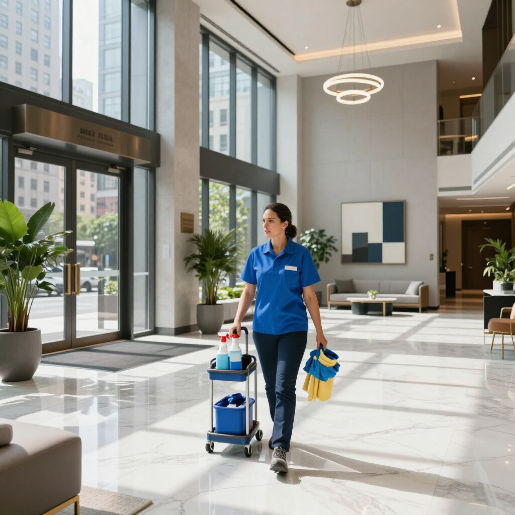 Hotel cleaner in blue uniform pushing a housekeeping cart through a bright lobby