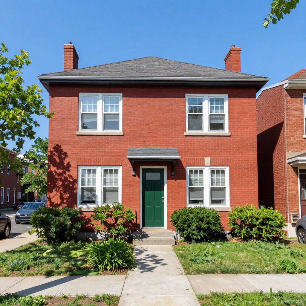Red brick two-story house with green door, front walkway, and shrubs under a blue sky