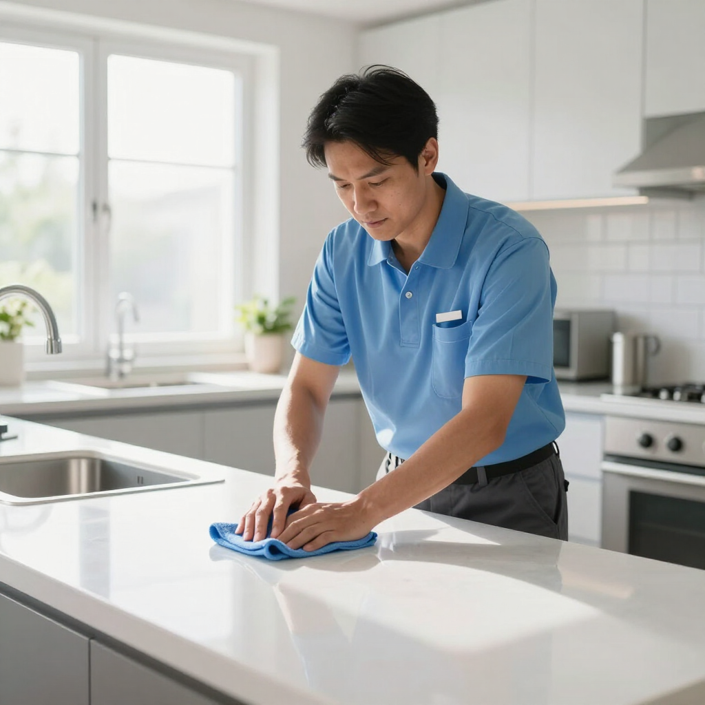 Person wiping a white kitchen counter with a blue cloth in a bright modern kitchen