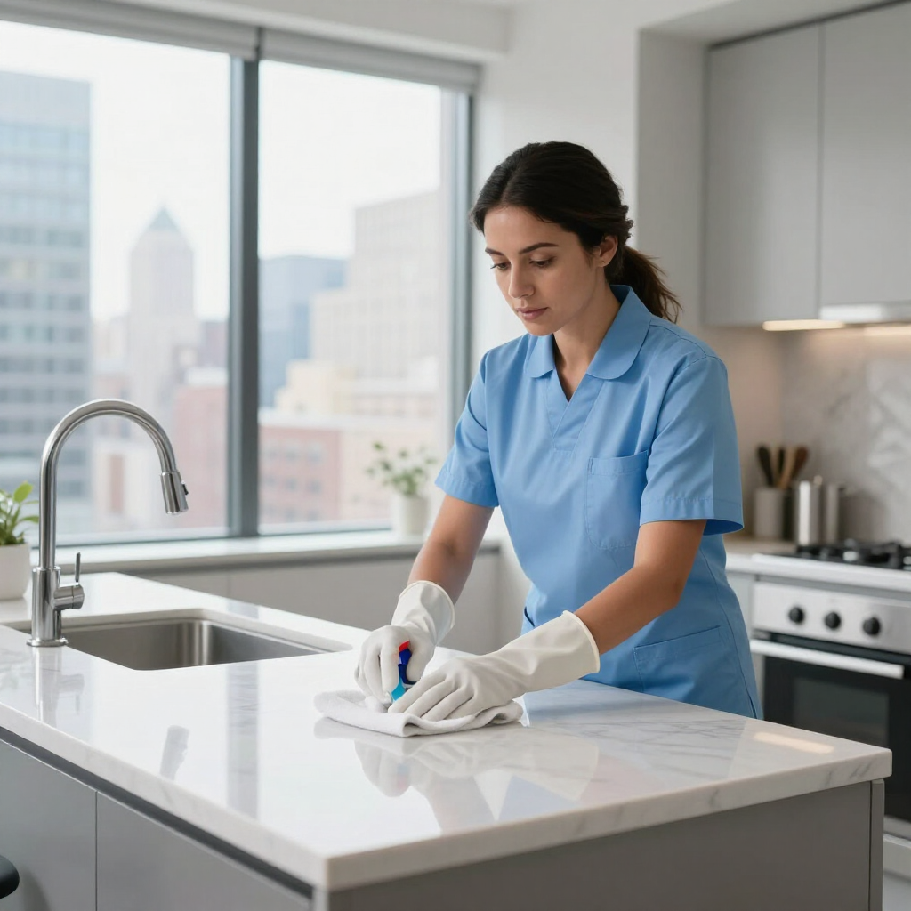 Cleaner in blue scrubs wiping a kitchen island in a bright modern kitchen