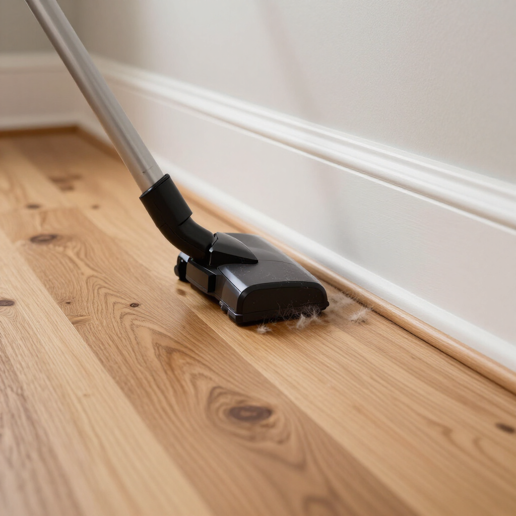Vacuum cleaner head on a light wood floor beside a white baseboard