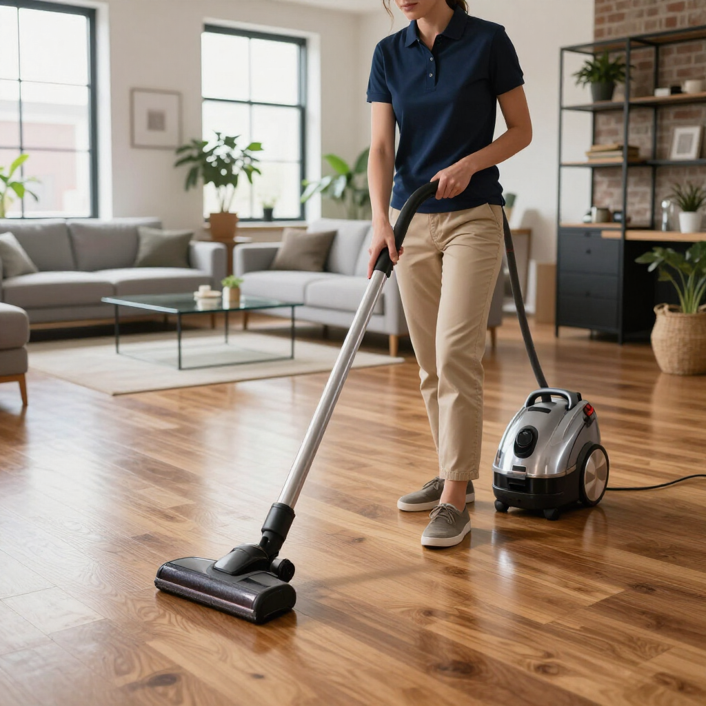 Person vacuuming a bright living room with a canister vacuum on hardwood floors
