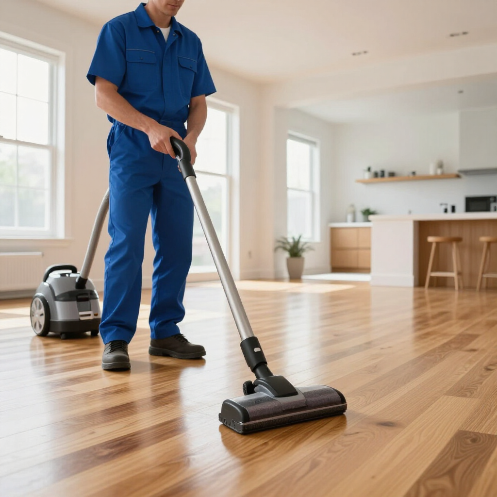Person vacuuming a hardwood floor in a bright, modern home interior
