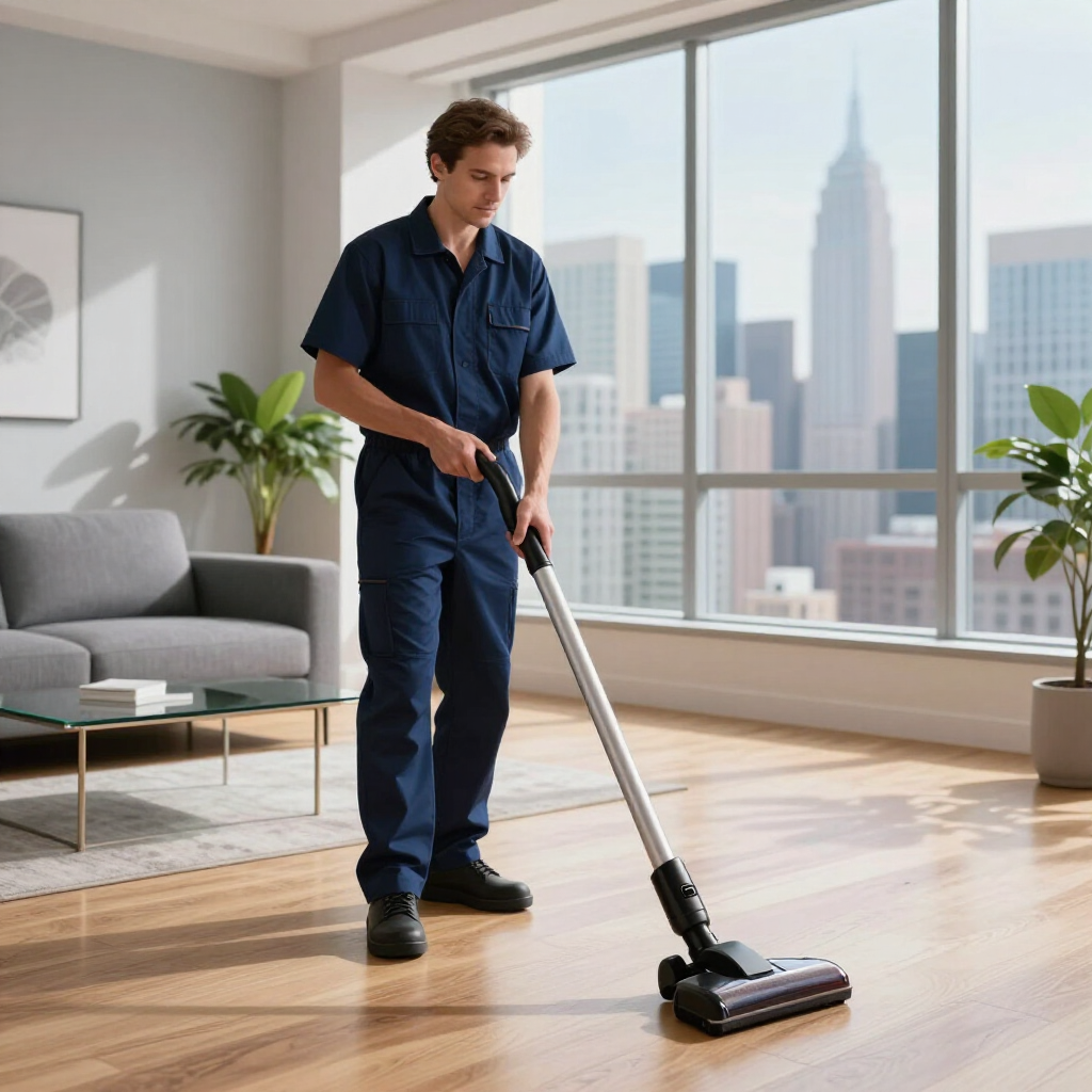 Person vacuuming a bright living room with city skyline windows in the background