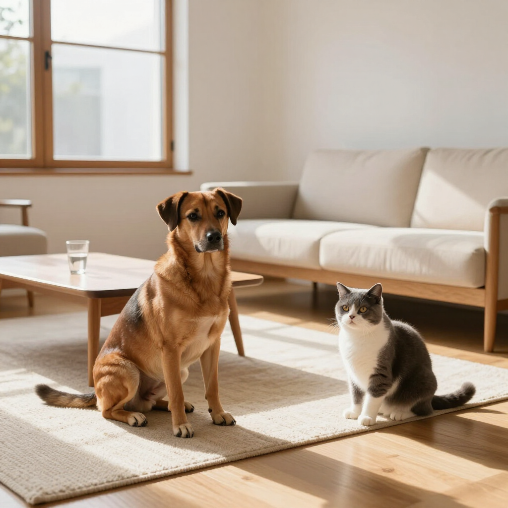 Brown dog and gray-and-white cat sitting on a rug in a sunlit living room with a sofa and coffee table