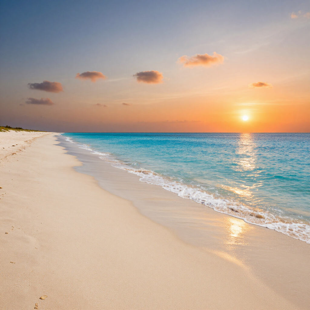 Sunset over a quiet sandy beach with turquoise water and soft clouds