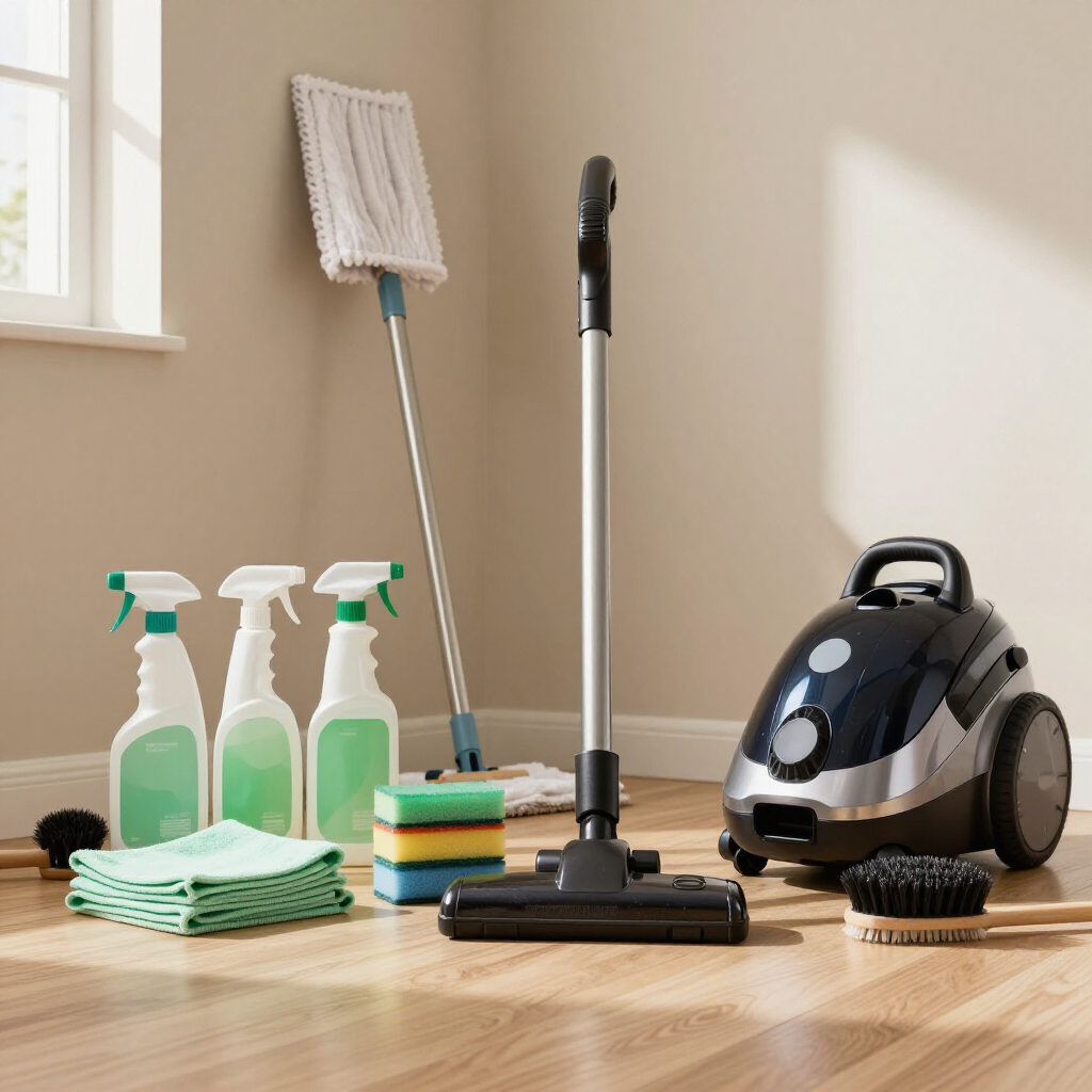 Cleaning supplies and tools on a wooden floor, including spray bottles, mops, cloths, and a vacuum cleaner