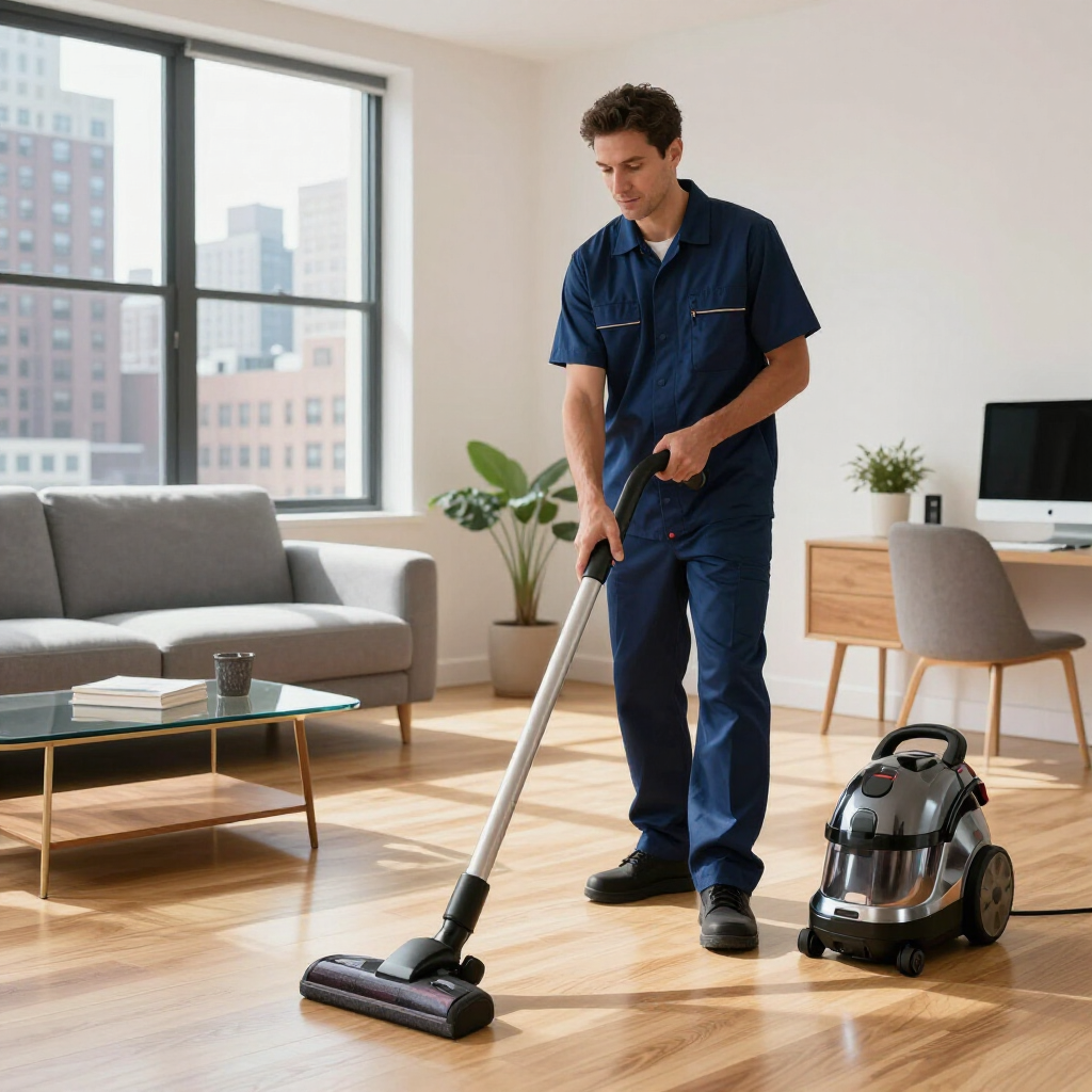 Man vacuuming a bright living room with a canister vacuum and hardwood floors