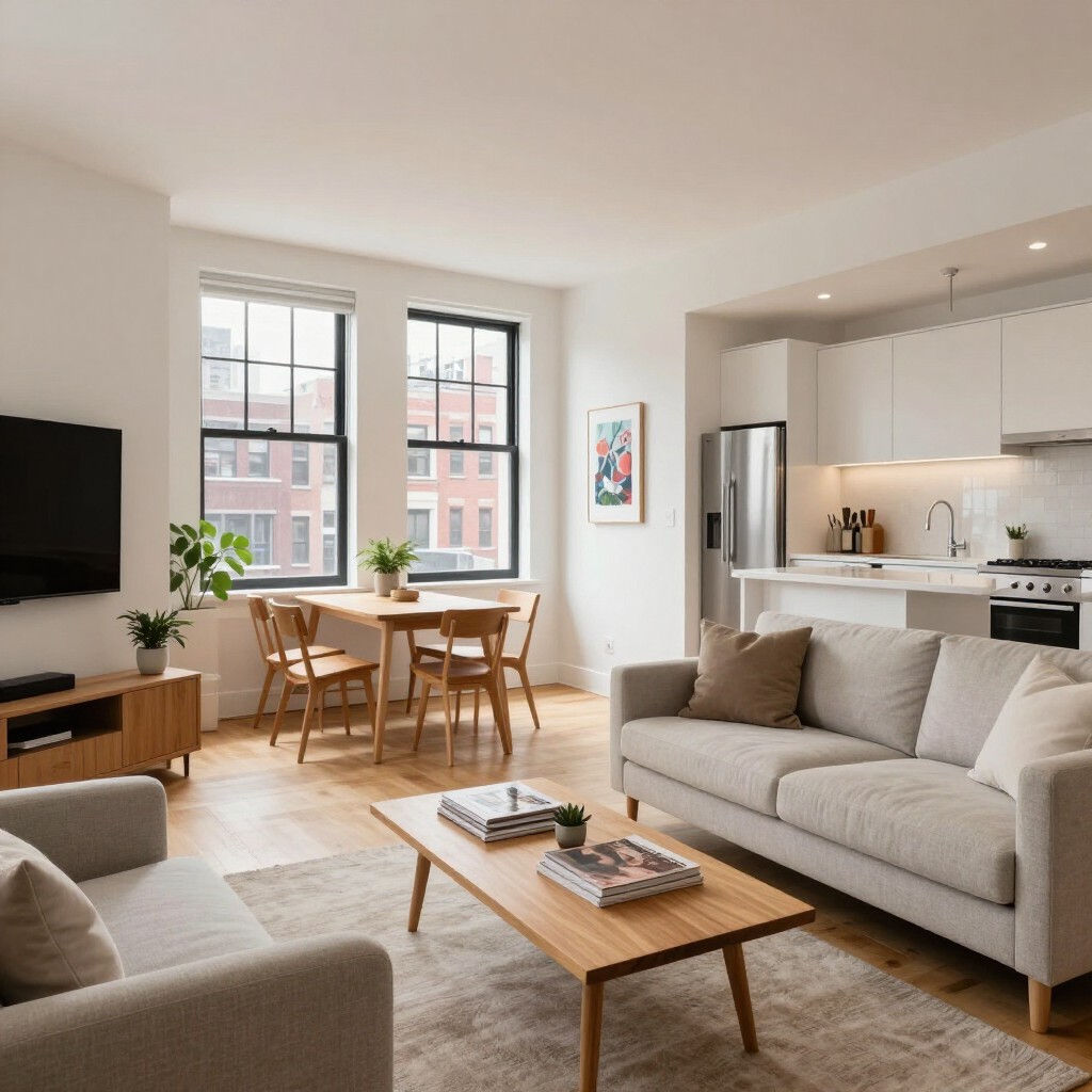 Bright, modern living room with sofa, coffee table, dining nook, and open kitchen by large windows