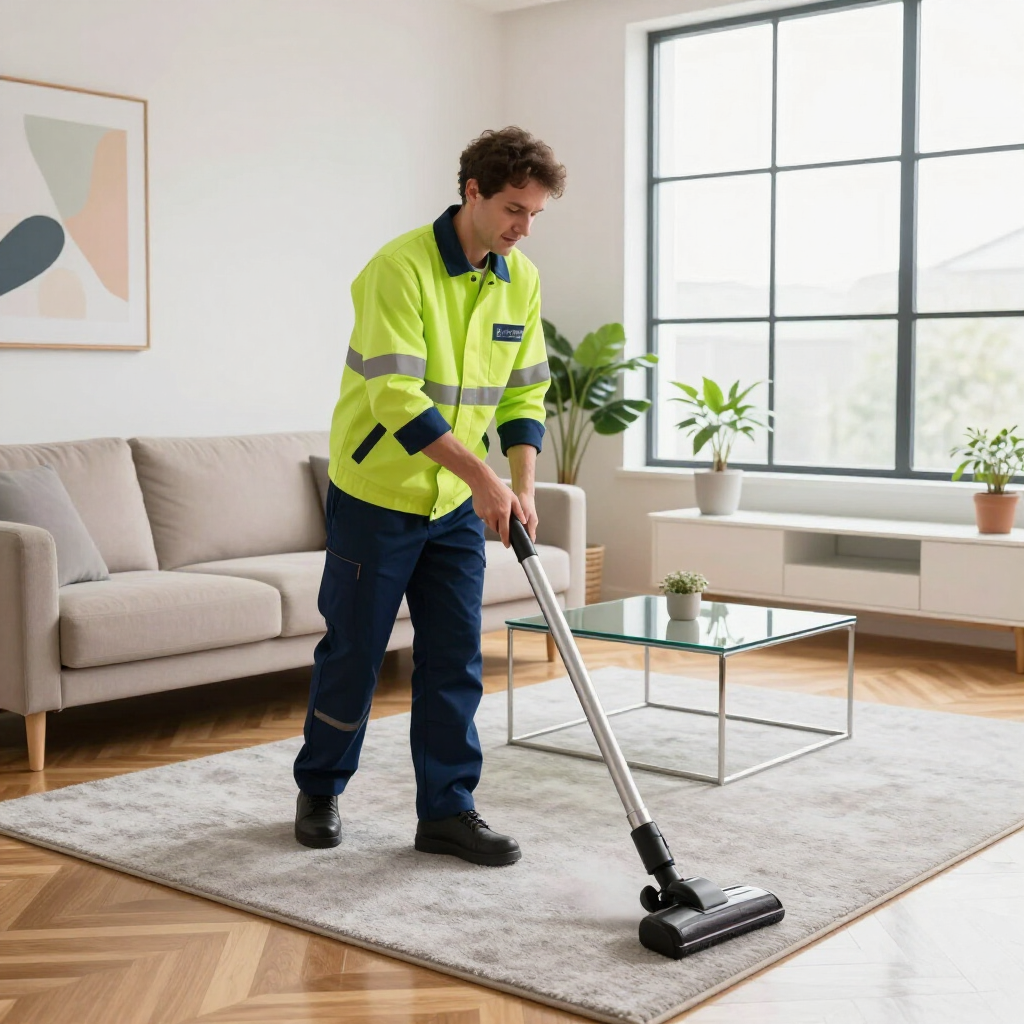 Worker in a bright yellow jacket vacuuming a living room rug beside a sofa and window.