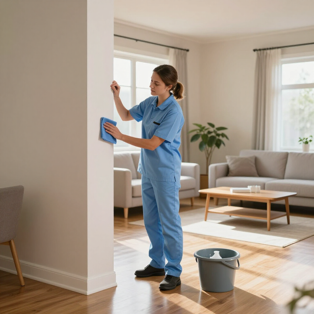 Cleaner wiping a wall in a bright living room, with a bucket and mop nearby.