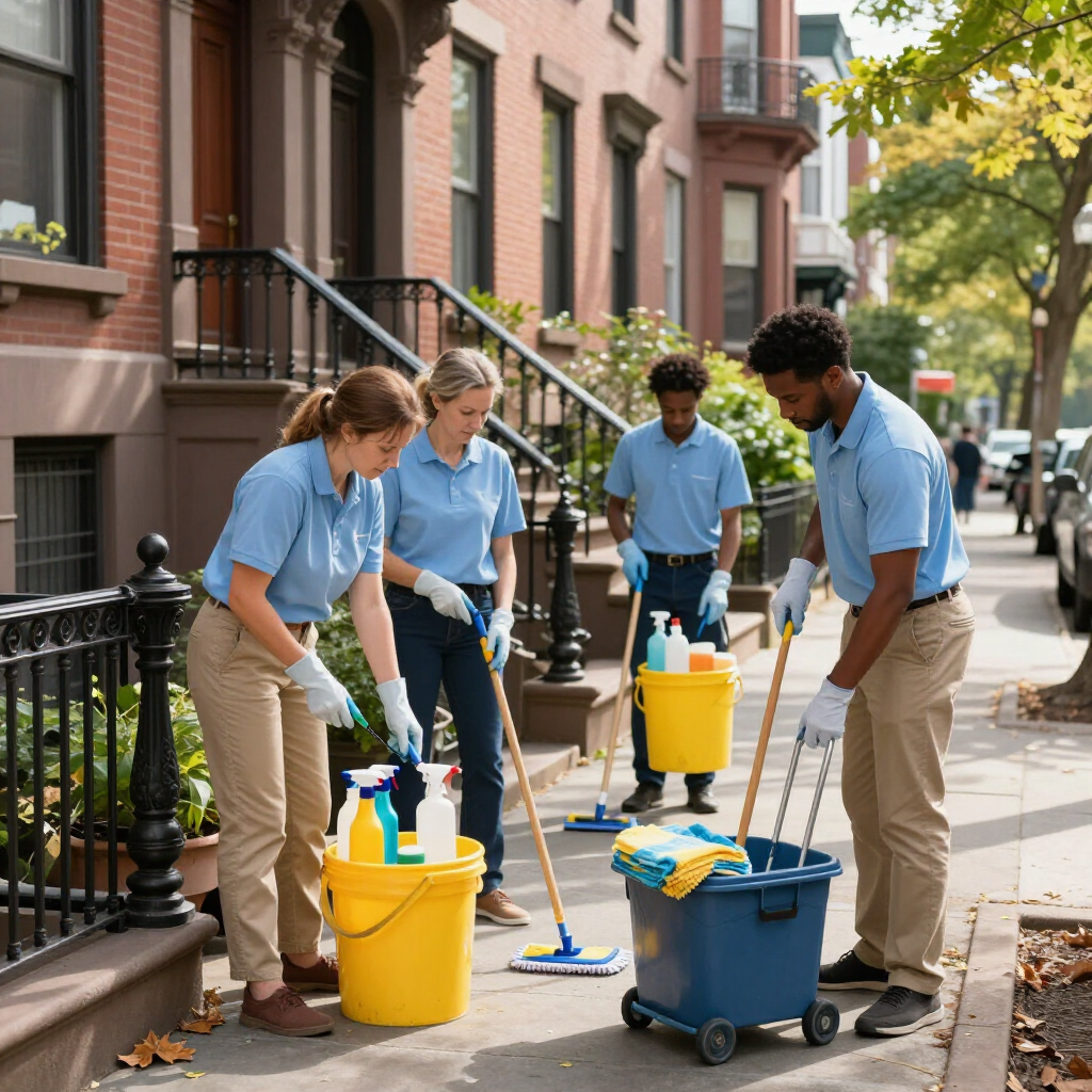 Volunteers cleaning a city sidewalk with buckets, mops, and supplies outside brownstone buildings