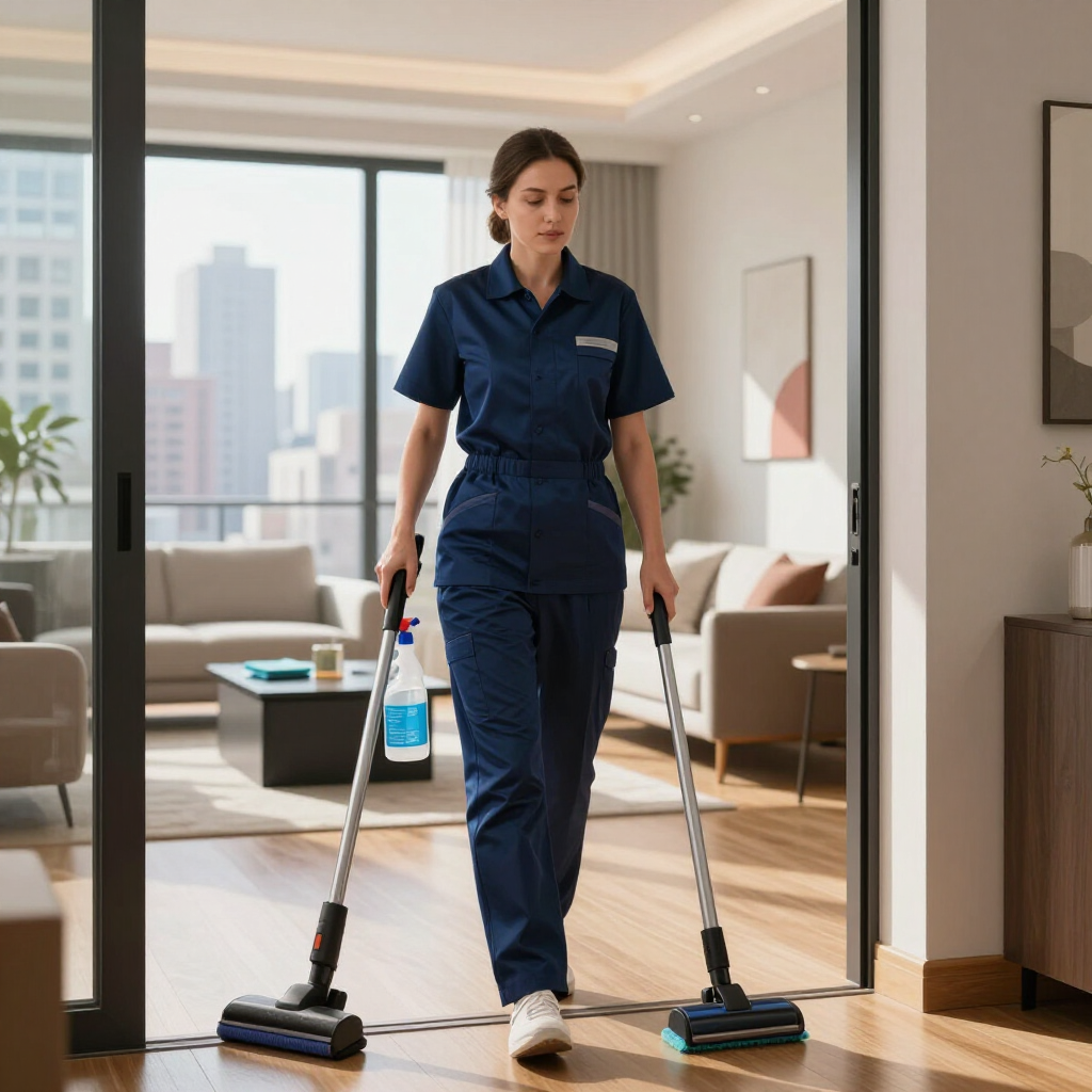 Cleaner mopping a bright apartment living room with two blue mops near a city-view window