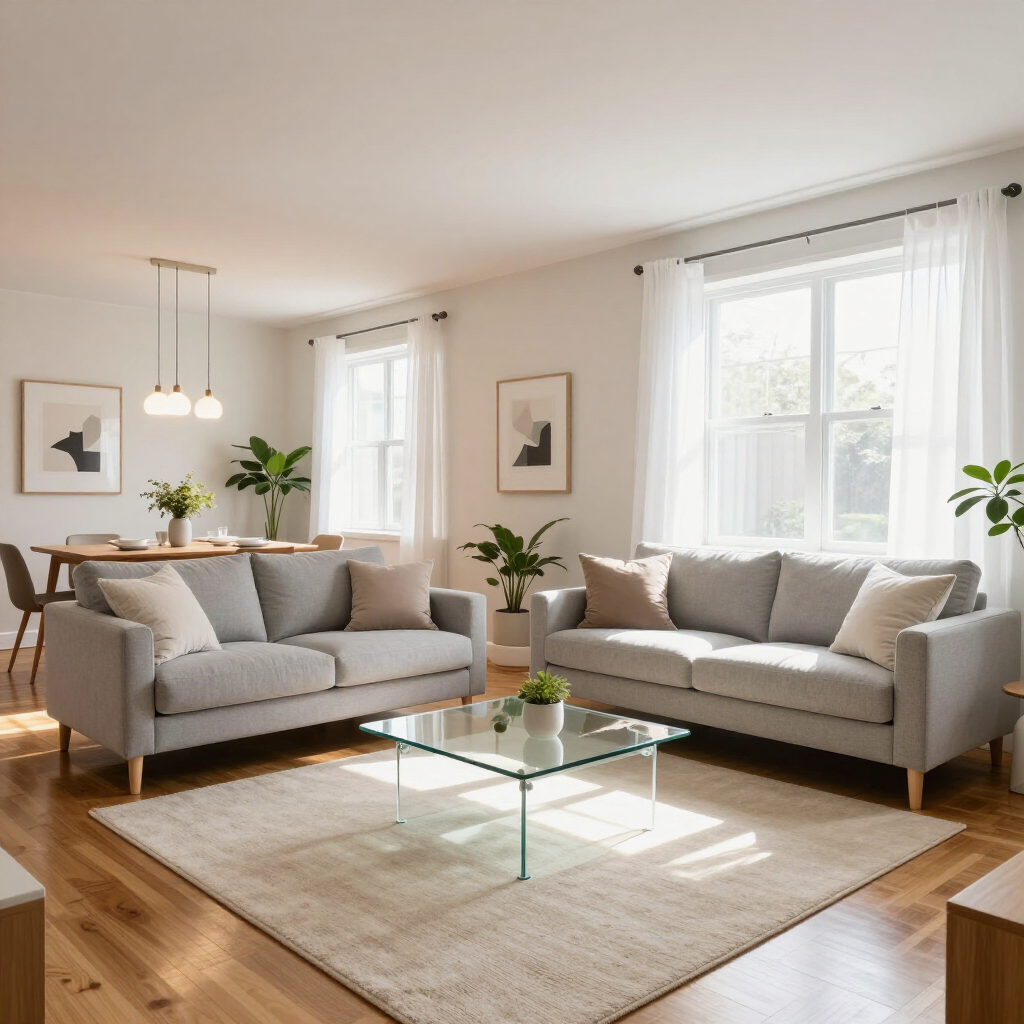 Bright living room with two gray sofas, glass coffee table, beige rug, and large windows with sheer curtains