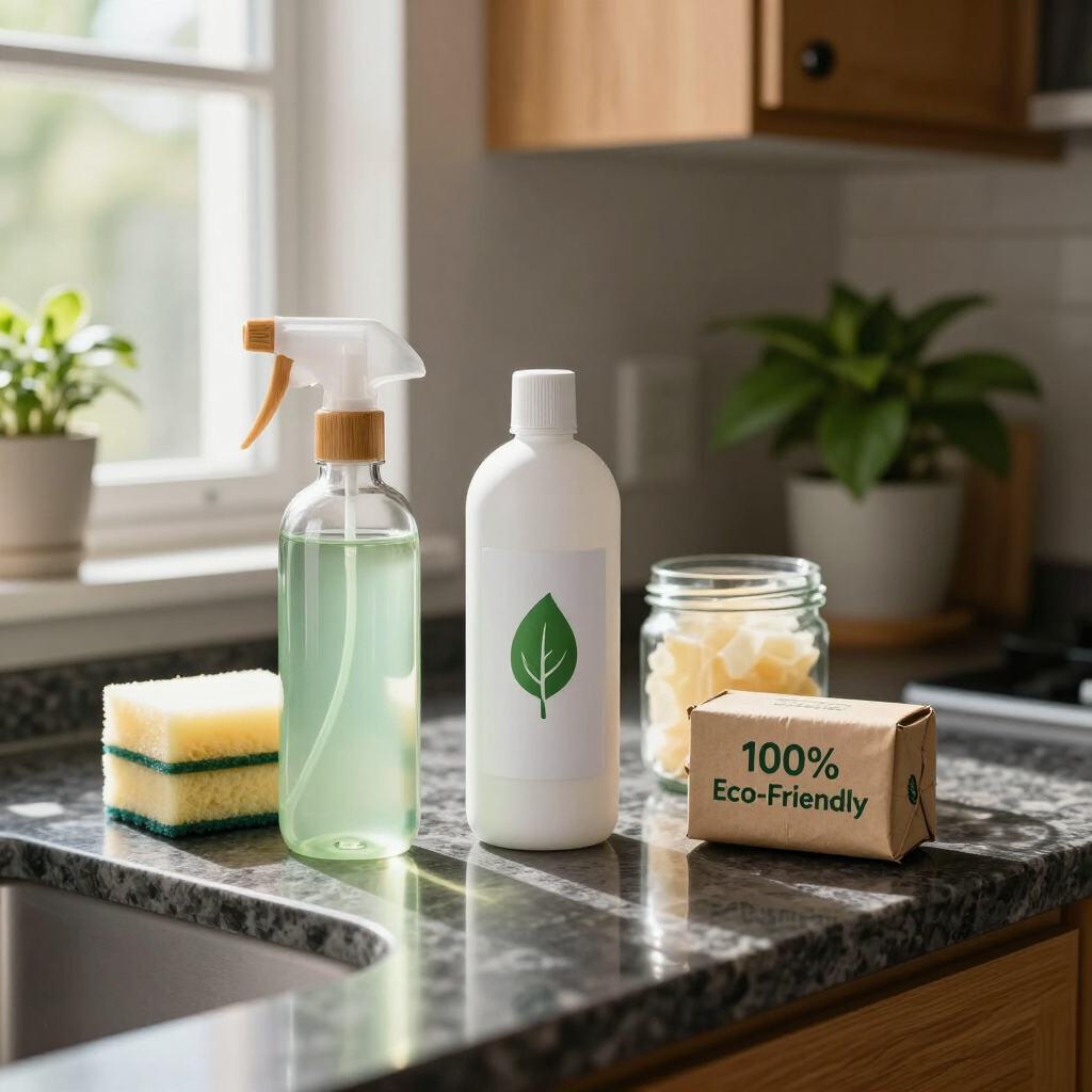 Eco-friendly cleaning supplies on a kitchen counter with a sponge, spray bottle, jar, and soap bar