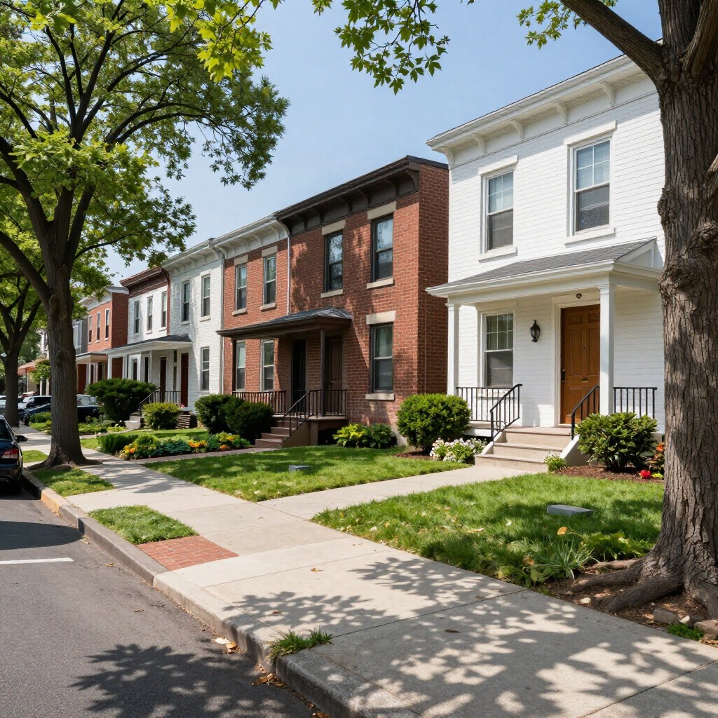 Row of brick and white townhouses with front porches along a tree-lined residential street