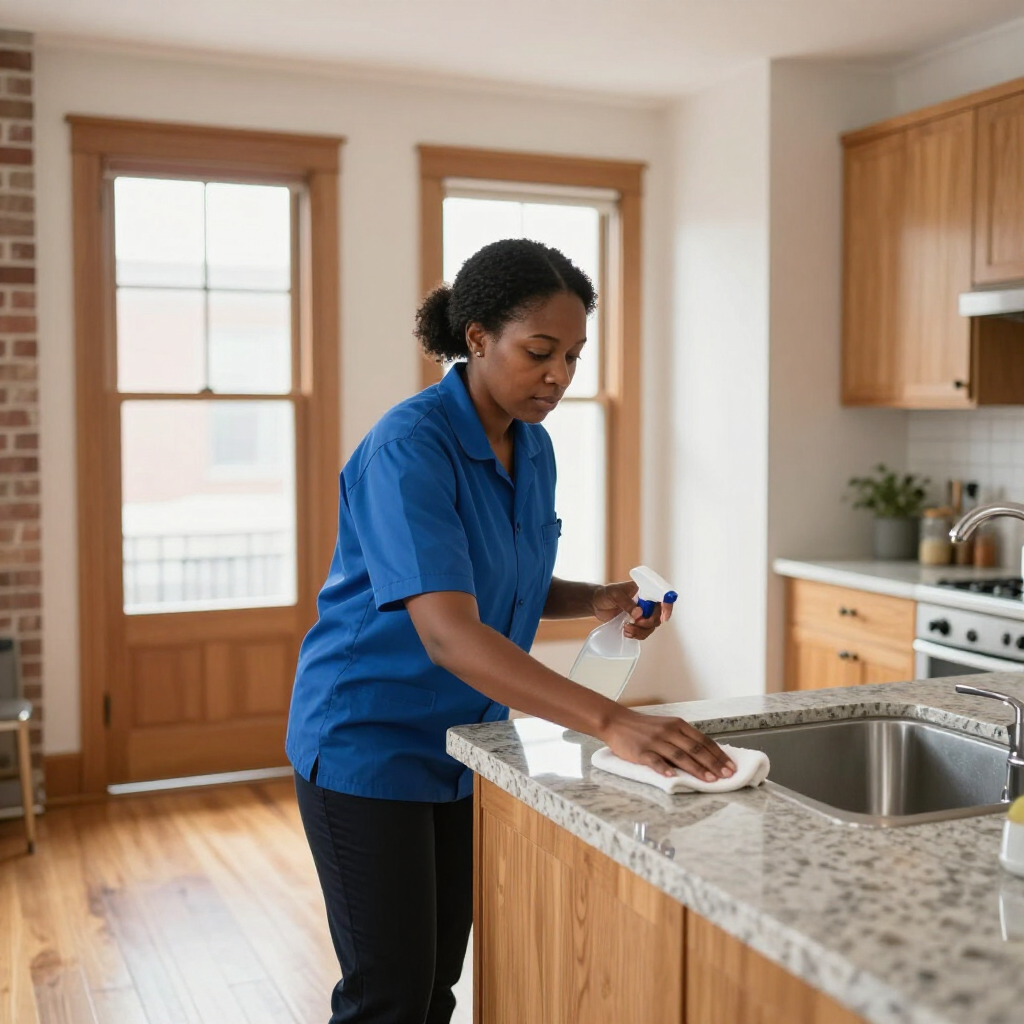 Person cleaning a kitchen countertop beside a stainless steel sink, with spray bottle and cloth