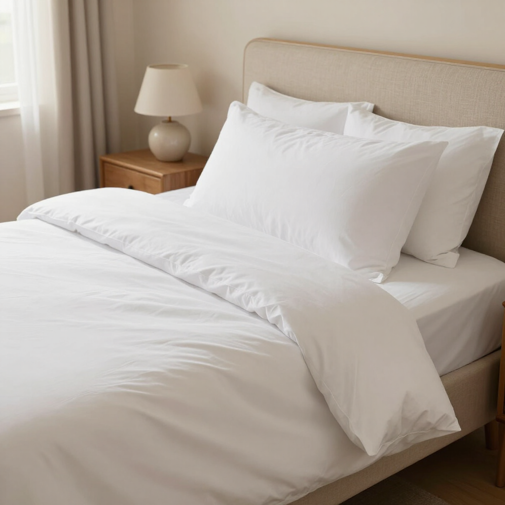White bed with pillows and duvet in a bright bedroom beside a wooden nightstand and lamp