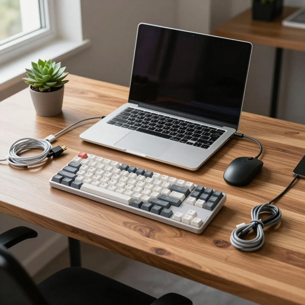 Laptop, keyboard, mouse, and coiled cables on a wooden desk with a small potted plant.