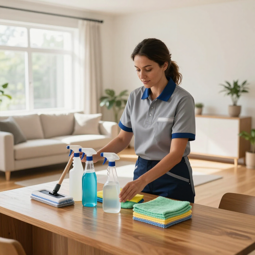 Cleaner wiping a wooden table in a bright living room, with spray bottles and folded cloths nearby