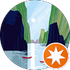 Abstract landscape logo with blue sky, green mountains, waterfall, and an orange star badge.