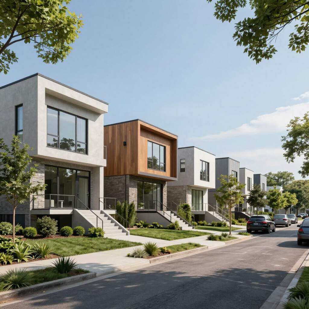 Modern suburban street with sleek townhomes, landscaped lawns, and parked cars under a blue sky