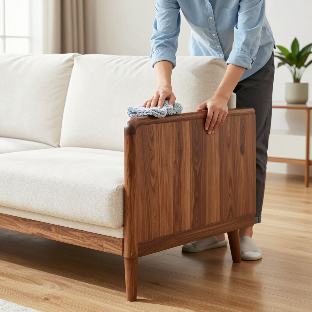 Person cleaning a wooden sofa arm with a cloth in a bright living room