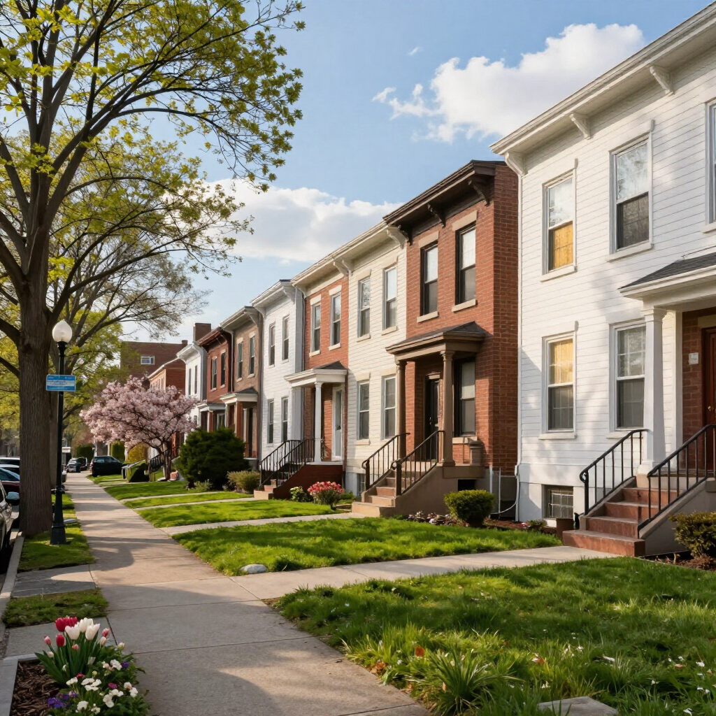 Sunny residential street with rowhouses, sidewalk, green lawns, and blooming trees